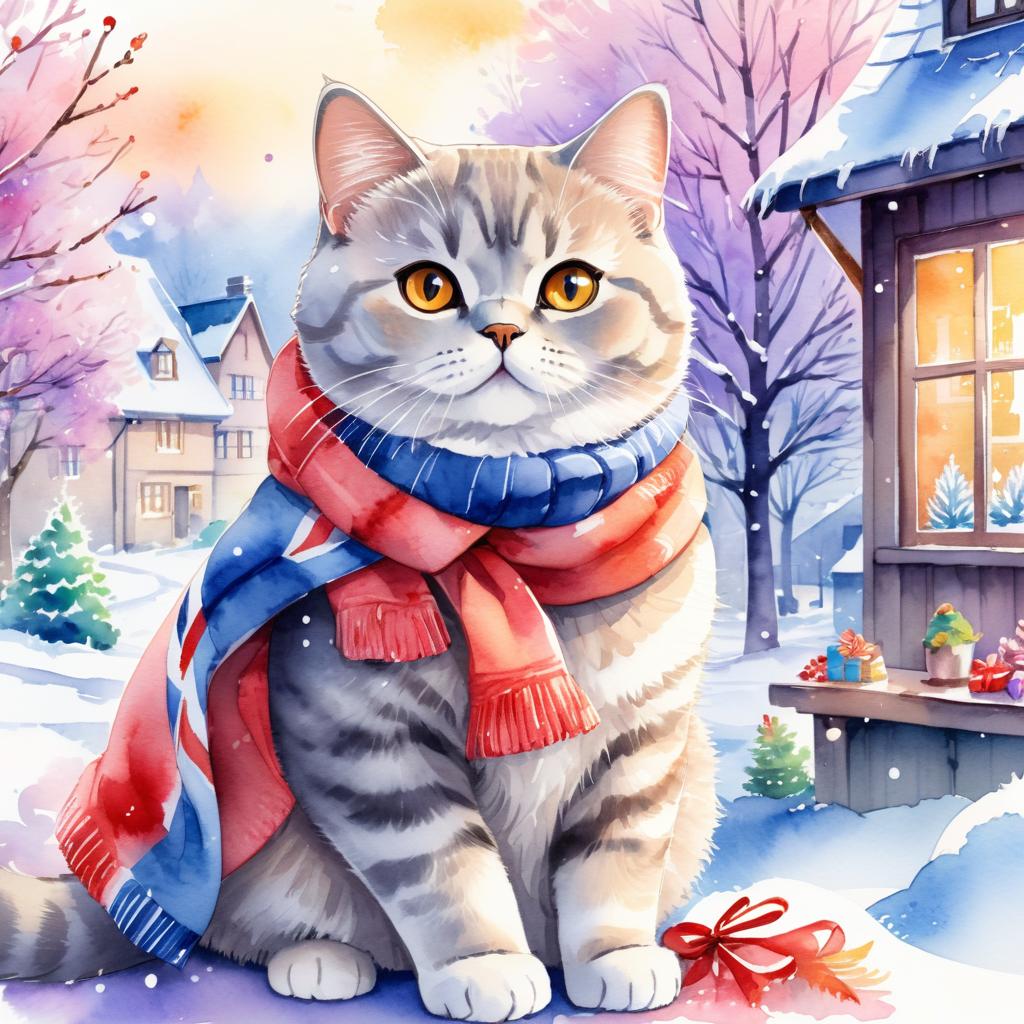 watercolor painting of british shorthair cat in a beautiful winter scene, wearing stylish winter clothing, looking cute and happy.