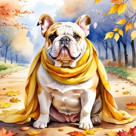 watercolor painting of bulldog in autumn, wearing a yellow scarf, vibrant and detailed.