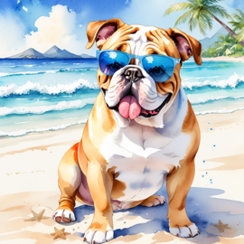 watercolor painting of bulldog on a beach with white sand and blue sea, wearing sunglasses.