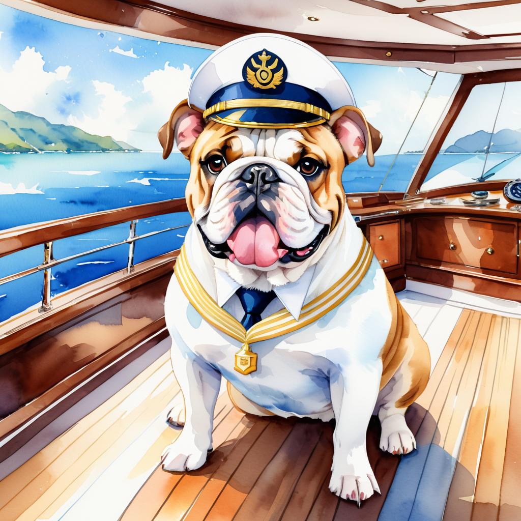 watercolor painting of bulldog as a captain on a luxury yacht, wearing captain uniform, vibrant and detailed.