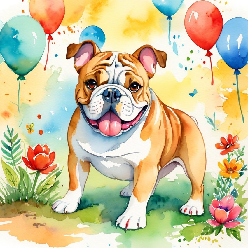 watercolor illustration of bulldog in children's book style, vibrant and detailed, drawn by don freedman.