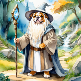 watercolor painting of bulldog as gandalf, featuring a white beard and a vibrant fantasy setting.