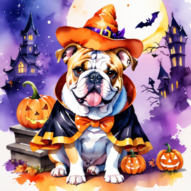 watercolor illustration of bulldog in a halloween costume with a vibrant and festive atmosphere surrounded by pumpkins.