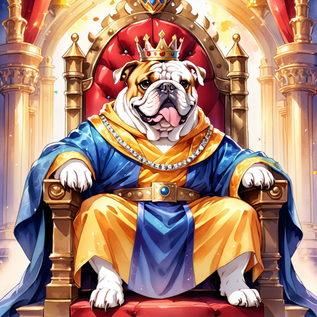 watercolor painting of bulldog as a king in a magical castle, wearing a crown and robe, seated on a throne.