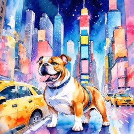 bulldog in new york, rendered in a vibrant watercolor illustration, with a highly detailed and happy depiction.