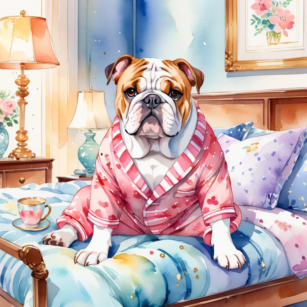 watercolor illustration of bulldog in cute pyjamas, relaxing in a posh bedroom, capturing a vibrant and happy scene.