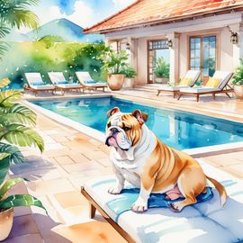 watercolor-bulldog-suntanning-villa-pool-c57917ecd716408797485e758e5a7d3e