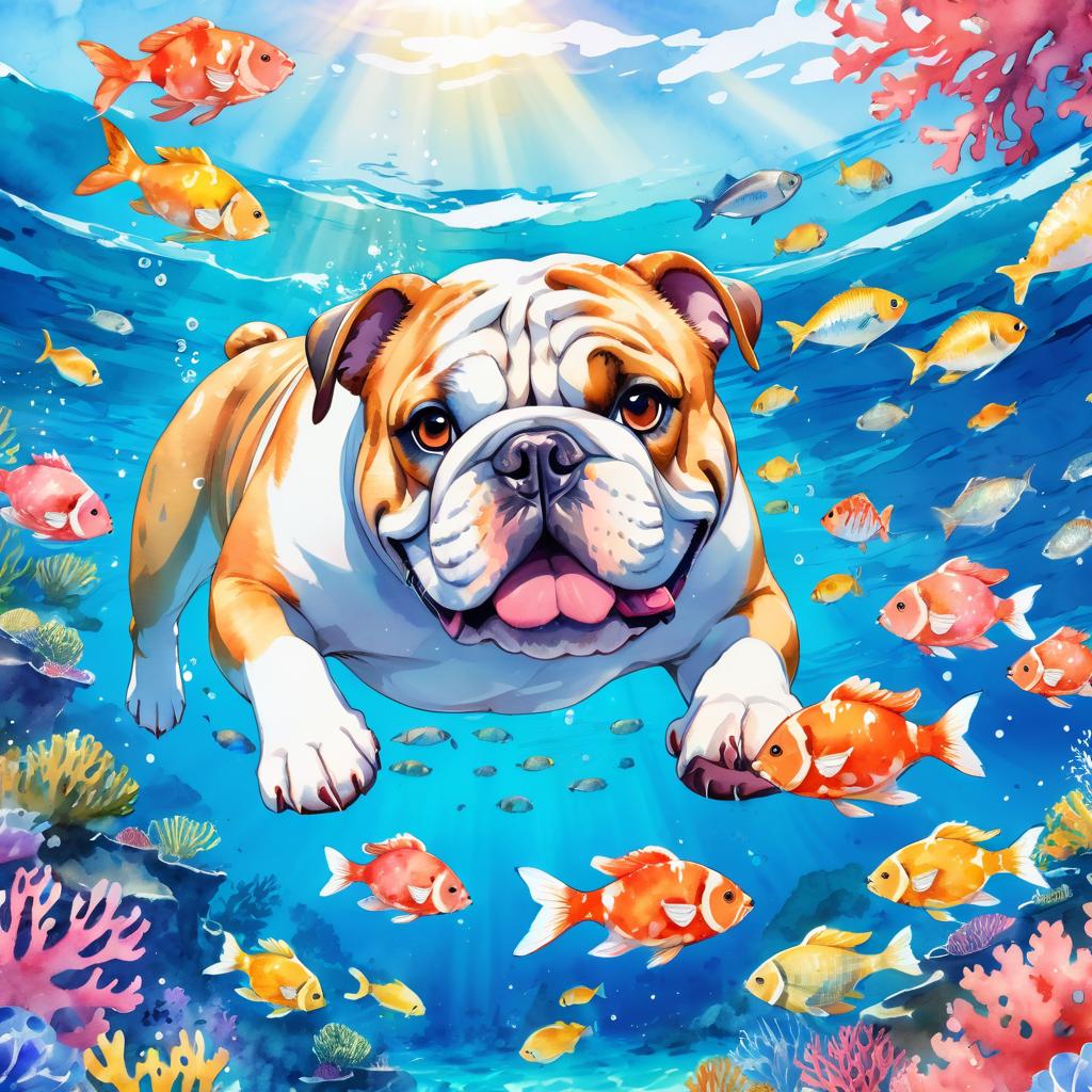 watercolor painting of bulldog swimming in a beautiful blue ocean with colorful fish and coral reef, capturing a happy and vibrant underwater scene.