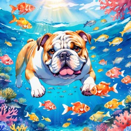 watercolor painting of bulldog swimming in a beautiful blue ocean with colorful fish and coral reef, capturing a happy and vibrant underwater scene.