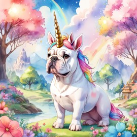 watercolor painting of bulldog as a unicorn in a vibrant fairytale setting, capturing a cute and happy scene with detailed illustration.