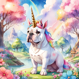 watercolor painting of bulldog as a unicorn in a vibrant fairytale setting, capturing a cute and happy scene with detailed illustration.