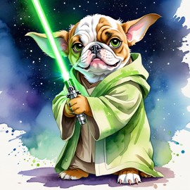 watercolor painting of bulldog as yoda from star wars, holding a green lightsaber in a cinematic star wars scene.