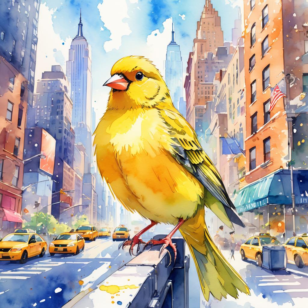 canary bird in new york, rendered in a vibrant watercolor illustration, with a highly detailed and happy depiction.