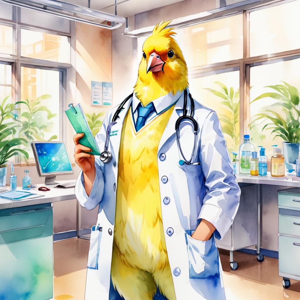 watercolor painting of canary bird as a doctor in a hospital, vibrant and highly detailed, in a studio anime style.