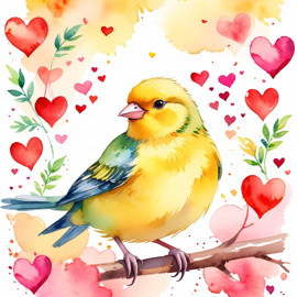 watercolor painting of canary bird with hearts, capturing a lovely, cute, and happy expression in vibrant, detailed style.