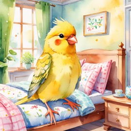 watercolor illustration of canary bird in cute pyjamas, relaxing in a posh bedroom, capturing a vibrant and happy scene.