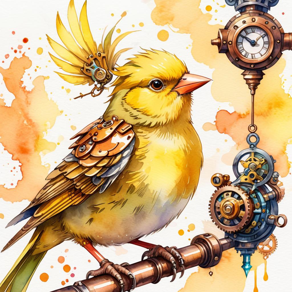 watercolor painting of canary bird in a steampunk style, vibrant and happy, highly detailed with anime influences.