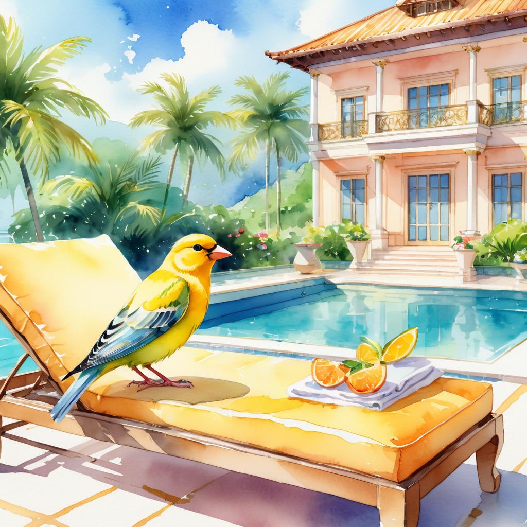 watercolor illustration of canary bird suntanning next to a luxurious villa pool, capturing a posh and vibrant scene.