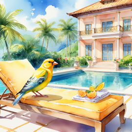 watercolor illustration of canary bird suntanning next to a luxurious villa pool, capturing a posh and vibrant scene.