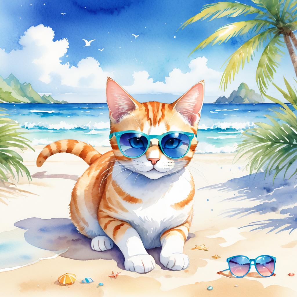 watercolor painting of domestic shorthair cat on a beach with white sand and blue sea, wearing sunglasses.