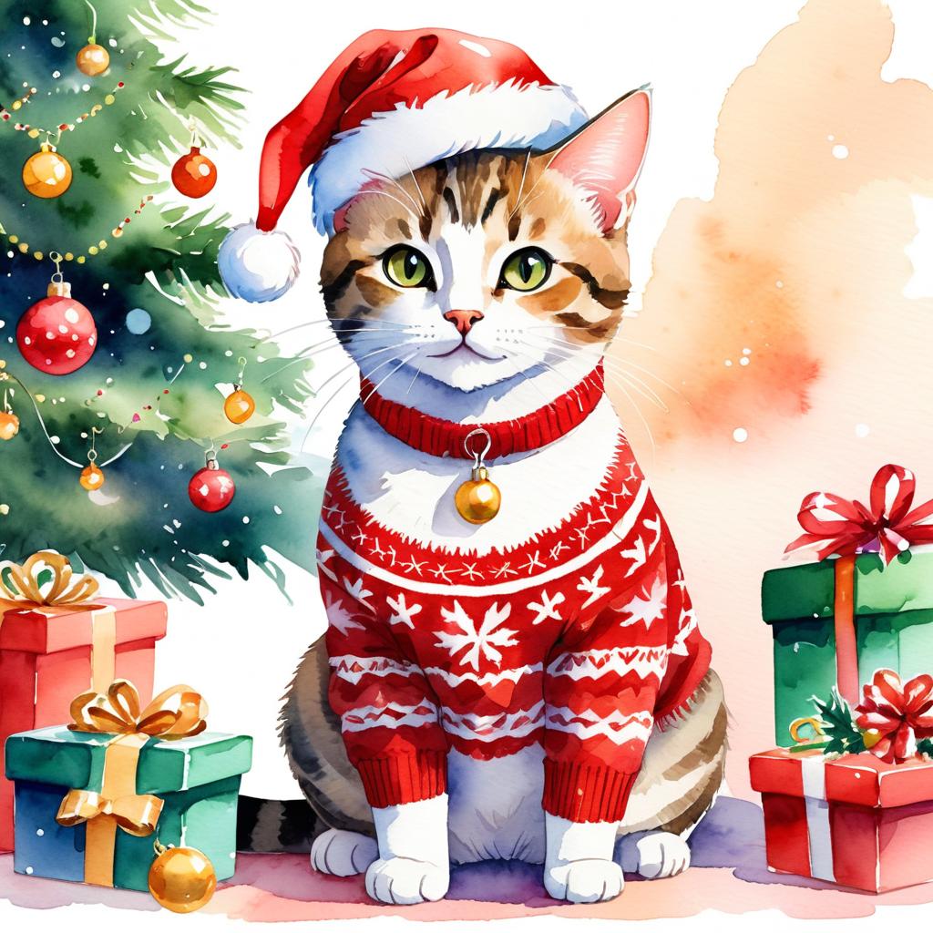 watercolor painting of domestic shorthair cat in a christmas sweater and santa hat, festive and vibrant.