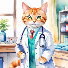 watercolor painting of domestic shorthair cat as a doctor in a hospital, vibrant and highly detailed, in a studio anime style.