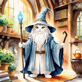 watercolor painting of domestic shorthair cat as gandalf, featuring a white beard and a vibrant fantasy setting.