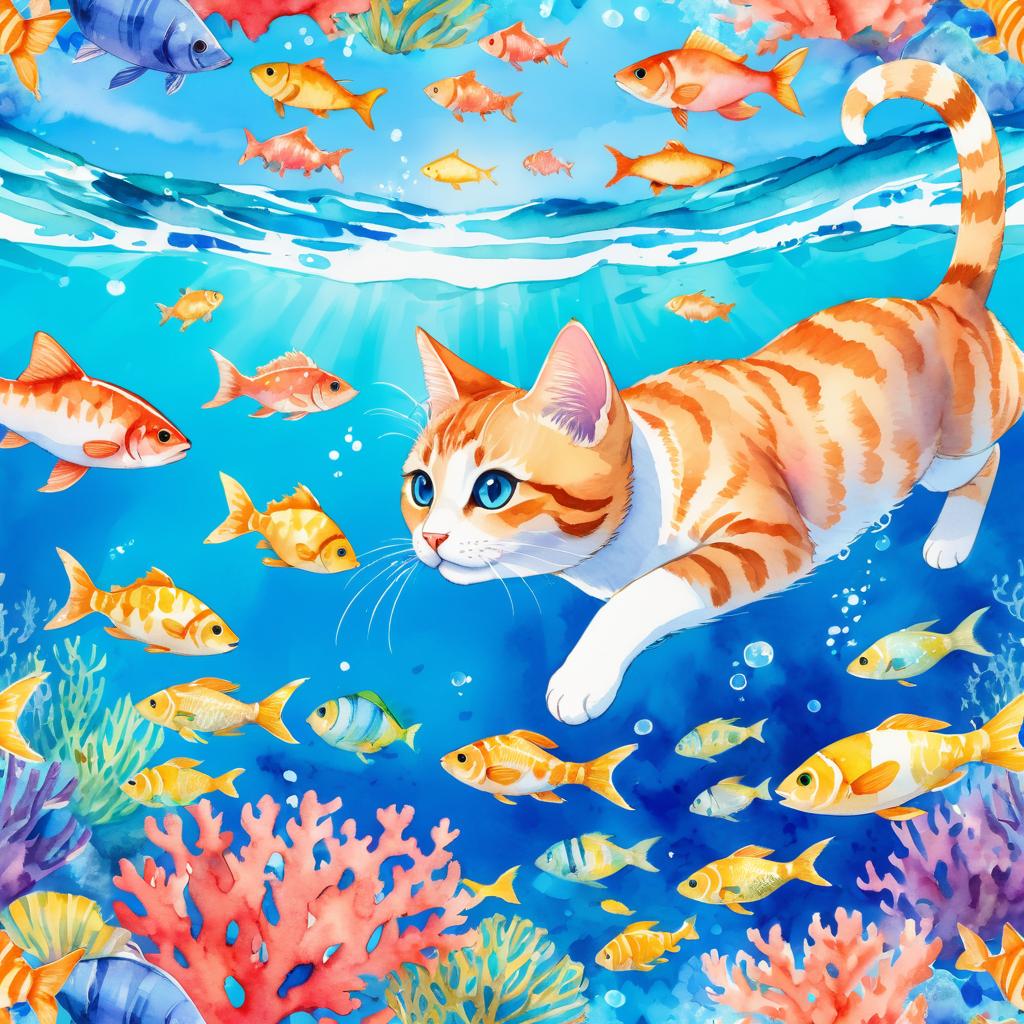 watercolor painting of domestic shorthair cat swimming in a beautiful blue ocean with colorful fish and coral reef, capturing a happy and vibrant underwater scene.