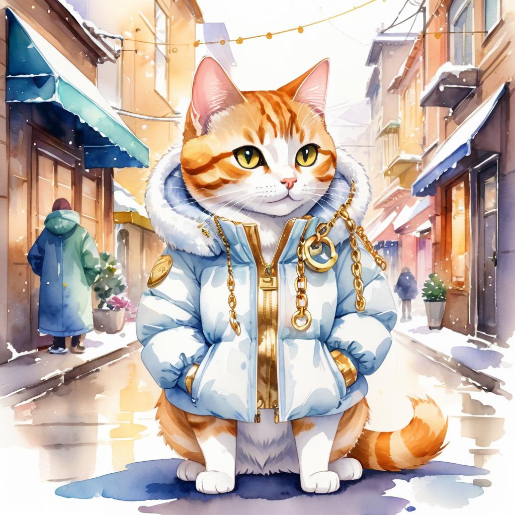 watercolor painting of domestic shorthair cat in a white puffer coat with golden hip hop chains, set in a posh urban environment.