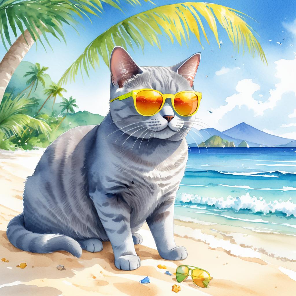 watercolor painting of chartreux cat on a beach with white sand and blue sea, wearing sunglasses.