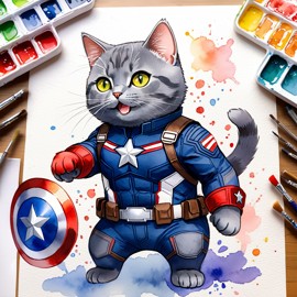 watercolor painting of chartreux cat as captain america from avengers, vibrant and detailed.