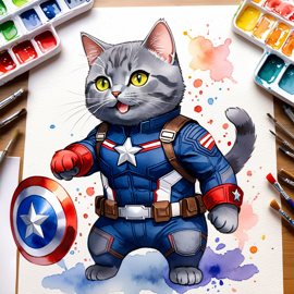 watercolor painting of chartreux cat as captain america from avengers, vibrant and detailed.