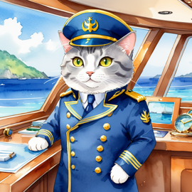 watercolor painting of chartreux cat as a captain on a luxury yacht, wearing captain uniform, vibrant and detailed.