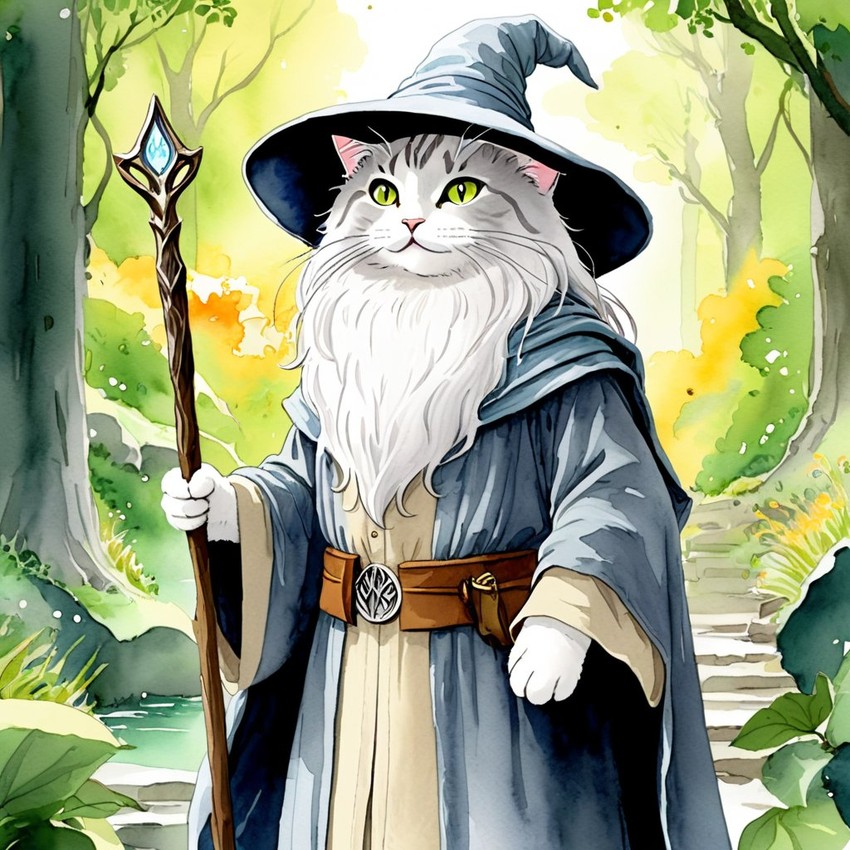 watercolor painting of chartreux cat as gandalf, featuring a white beard and a vibrant fantasy setting.