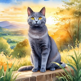 watercolor painting of chartreux cat in golden hour light, showcasing vibrant colors and a happy nature scene in a highly detailed illustration.