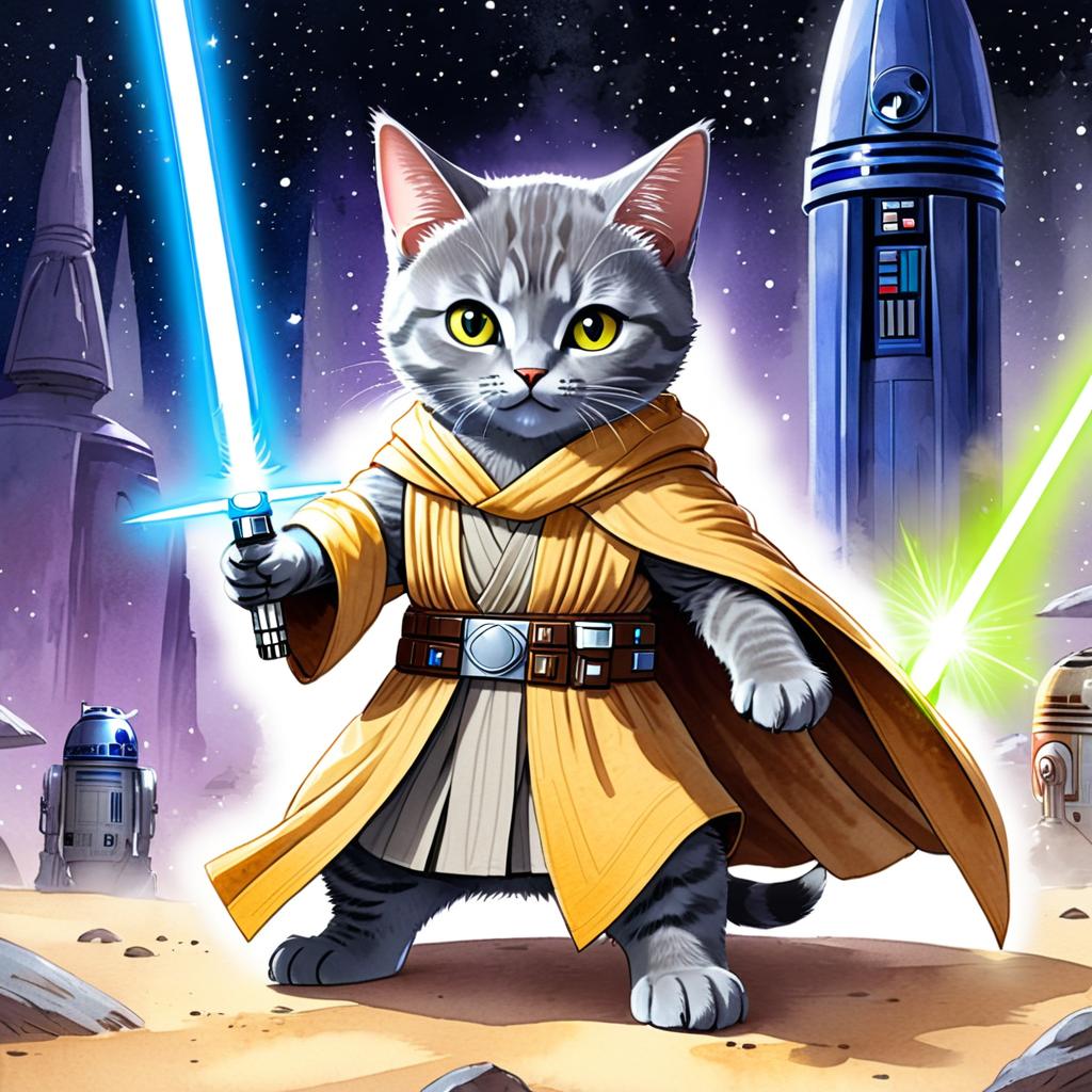 watercolor painting of chartreux cat as a jedi knight, holding a lightsaber with a star wars backdrop in a vibrant, detailed style.