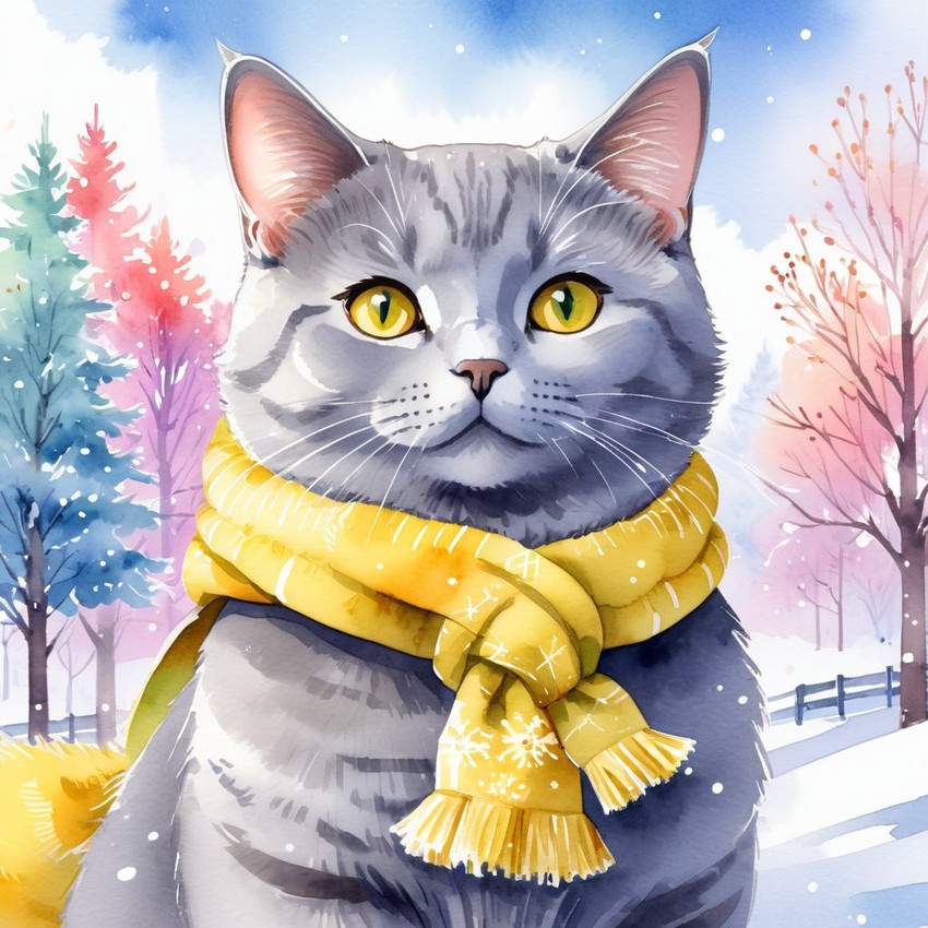 watercolor painting of chartreux cat in a beautiful winter scene, wearing stylish winter clothing, looking cute and happy.