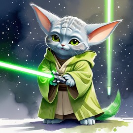 watercolor painting of chartreux cat as yoda from star wars, holding a green lightsaber in a cinematic star wars scene.