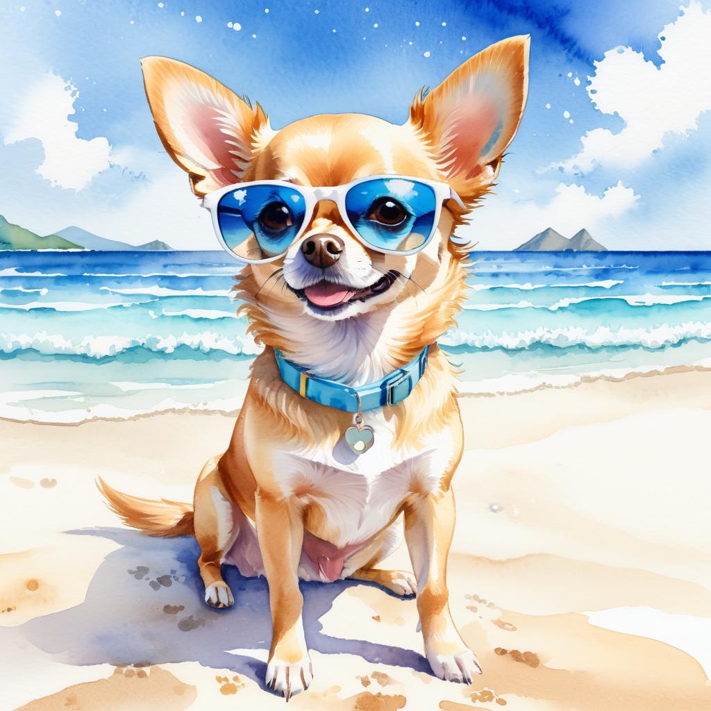 watercolor painting of chihuahua on a beach with white sand and blue sea, wearing sunglasses.