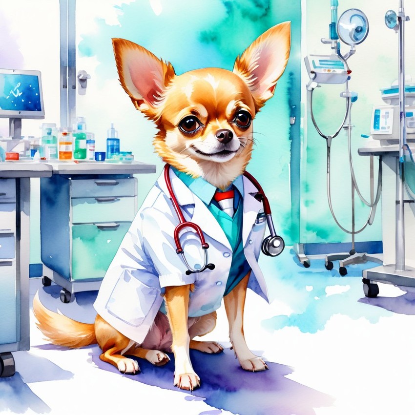 watercolor painting of chihuahua as a doctor in a hospital, vibrant and highly detailed, in a studio anime style.