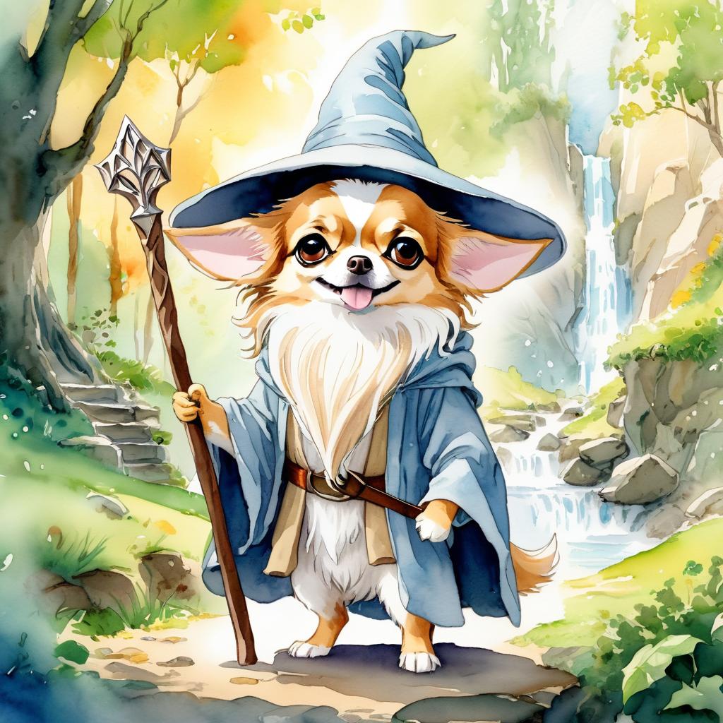 watercolor painting of chihuahua as gandalf, featuring a white beard and a vibrant fantasy setting.