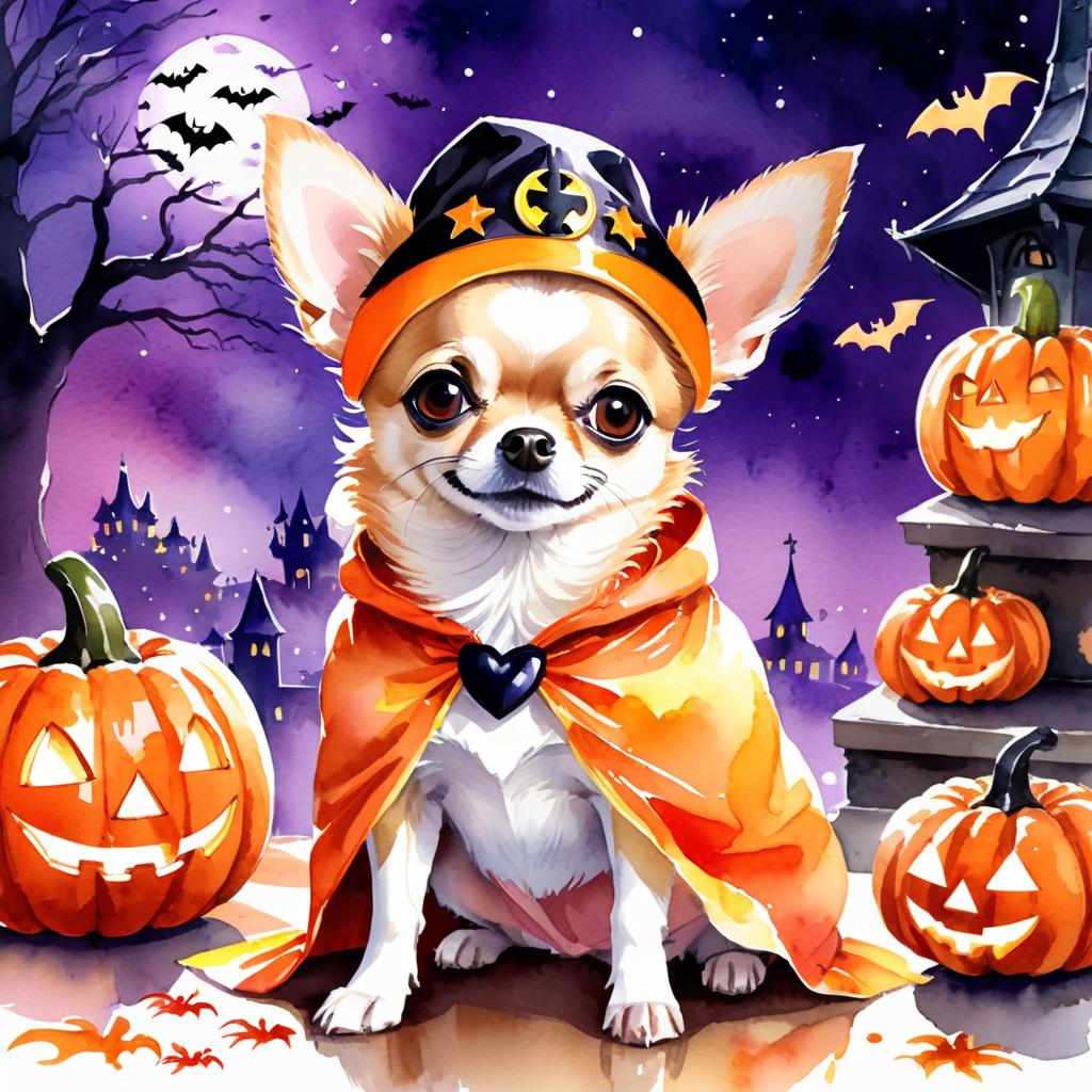 watercolor illustration of chihuahua in a halloween costume with a vibrant and festive atmosphere surrounded by pumpkins.