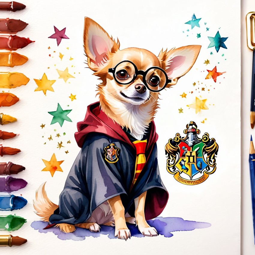 watercolor painting of chihuahua as harry potter, complete with glasses and hogwarts backdrop, highlighting a vibrant and magical scene.