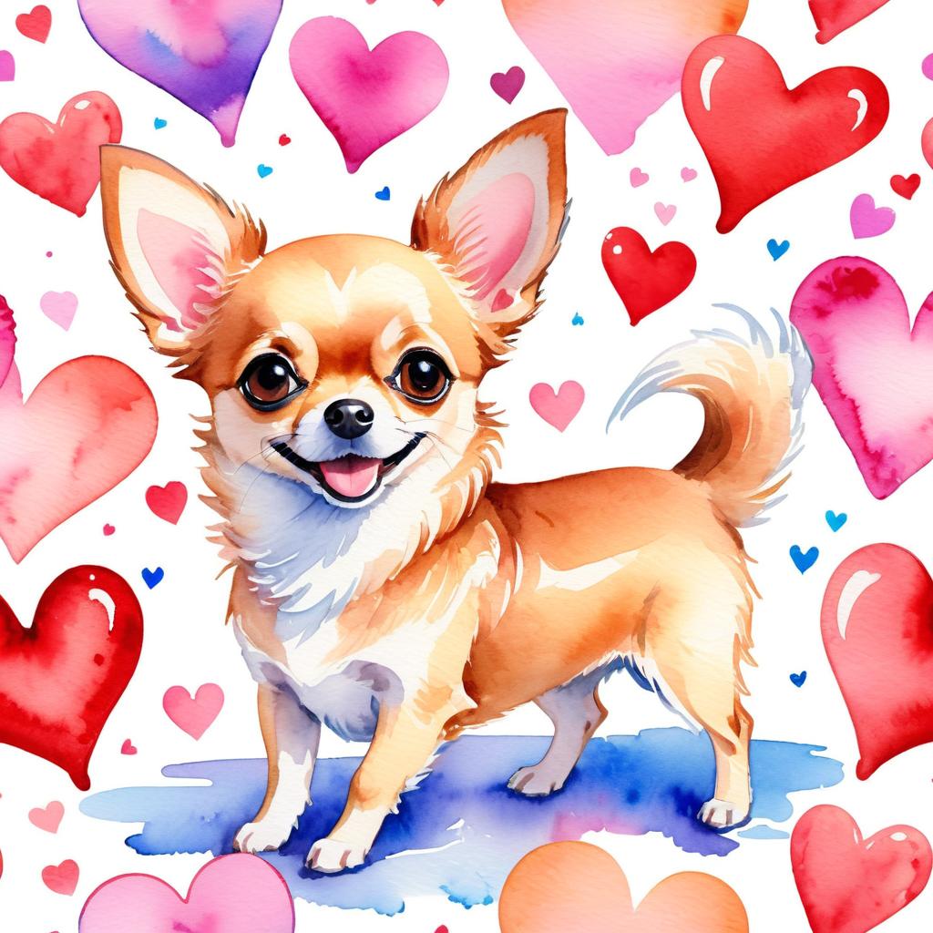 watercolor painting of chihuahua with hearts, capturing a lovely, cute, and happy expression in vibrant, detailed style.