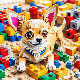 watercolor painting of chihuahua as lego bricks, vibrant and detailed in a playful lego environment.