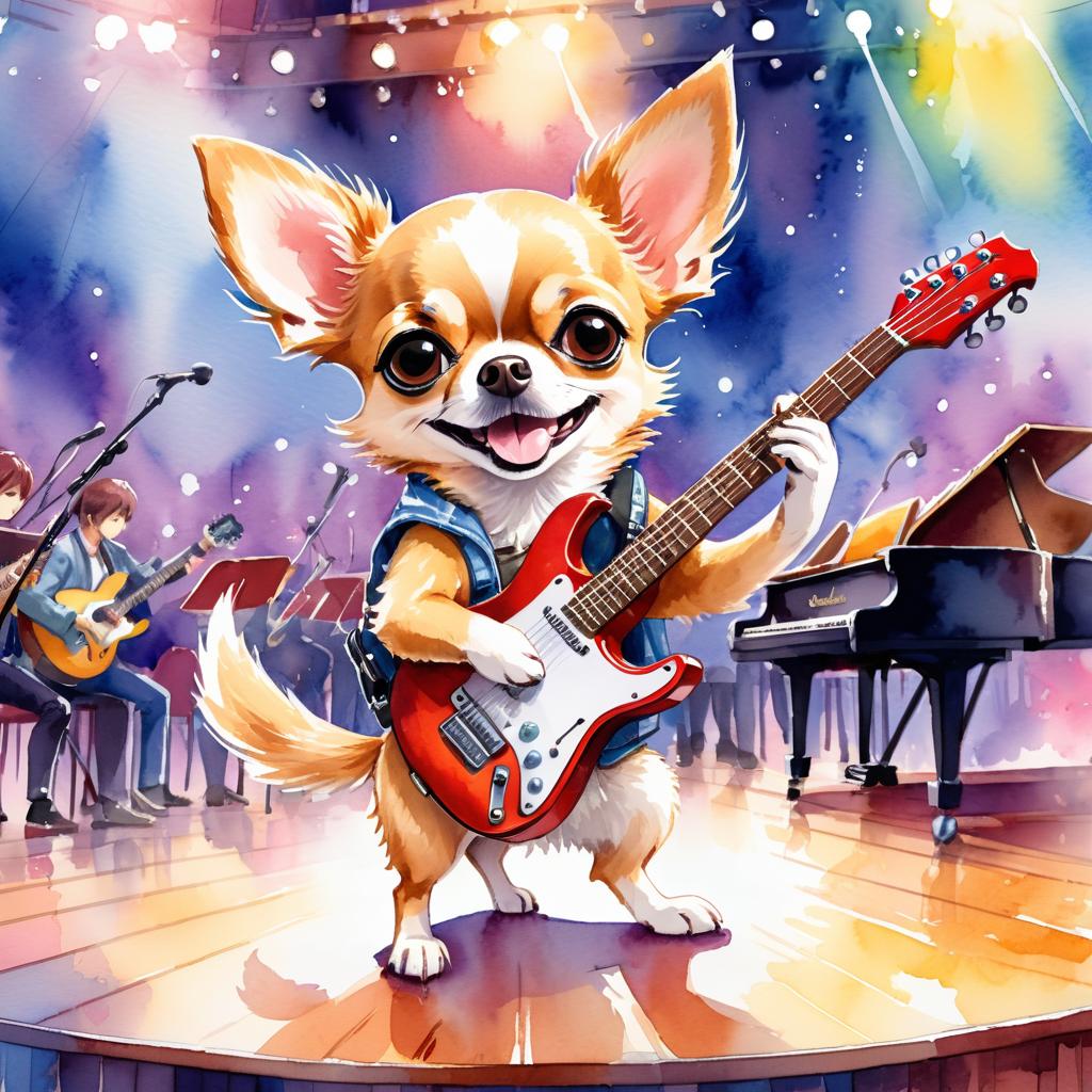 chihuahua as a musician in a watercolor painting, playing guitar in a vibrant and detailed concert hall scene.