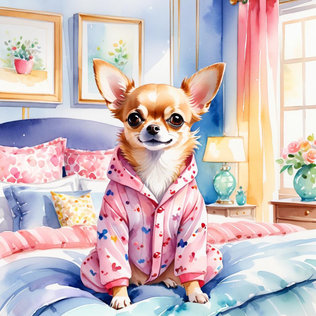 watercolor illustration of chihuahua in cute pyjamas, relaxing in a posh bedroom, capturing a vibrant and happy scene.