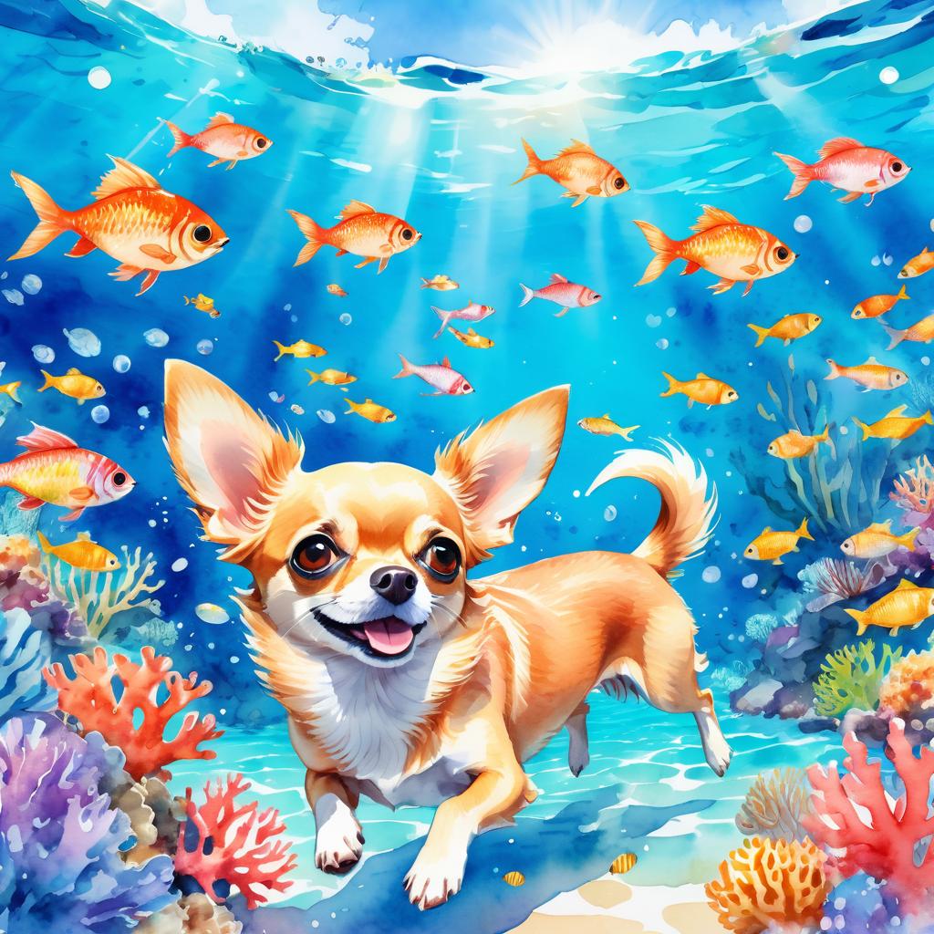 watercolor painting of chihuahua swimming in a beautiful blue ocean with colorful fish and coral reef, capturing a happy and vibrant underwater scene.