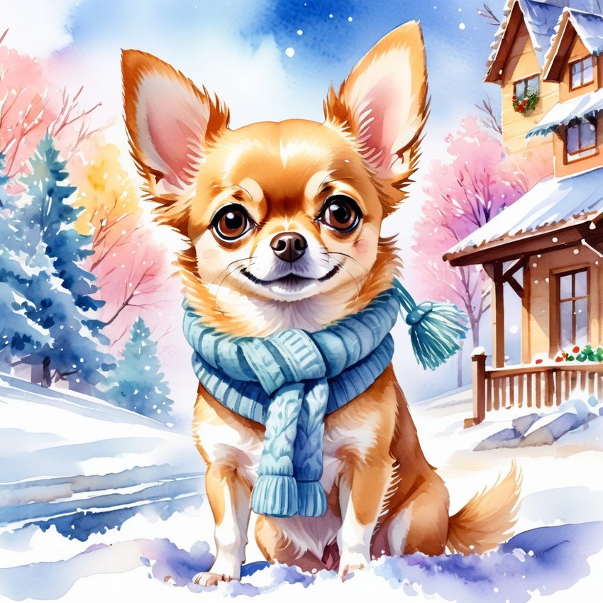 watercolor painting of chihuahua in a beautiful winter scene, wearing stylish winter clothing, looking cute and happy.