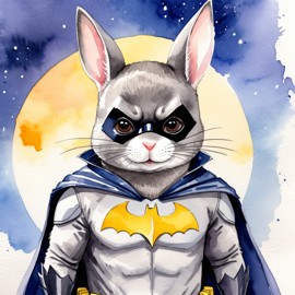 watercolor painting of standard grey chinchilla as batman, wearing batman suit and mask, vibrant and detailed.